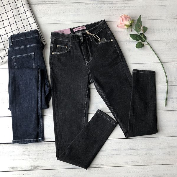 

european goods tall high waist abdominal-shaping slimming high elastic white bright line jeans womens solid color hip tight pencil pants, Blue