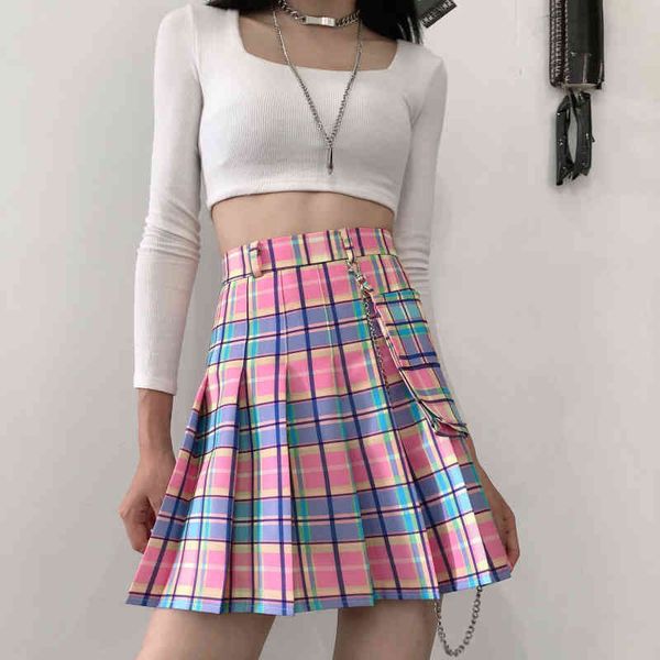 

skirts harajuku cute women kawaii plaid elastic high waist a-line pleated mini rainbow korean japanese school uniform gi79, Black