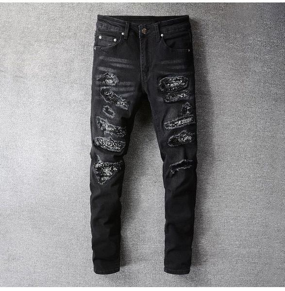 Bandana Paisley Baskılı erkek Kot Patchwork Streç Streetwear Siyah Kot Kalem Pantolon Ince Sıska Yırtık Pantolon 669