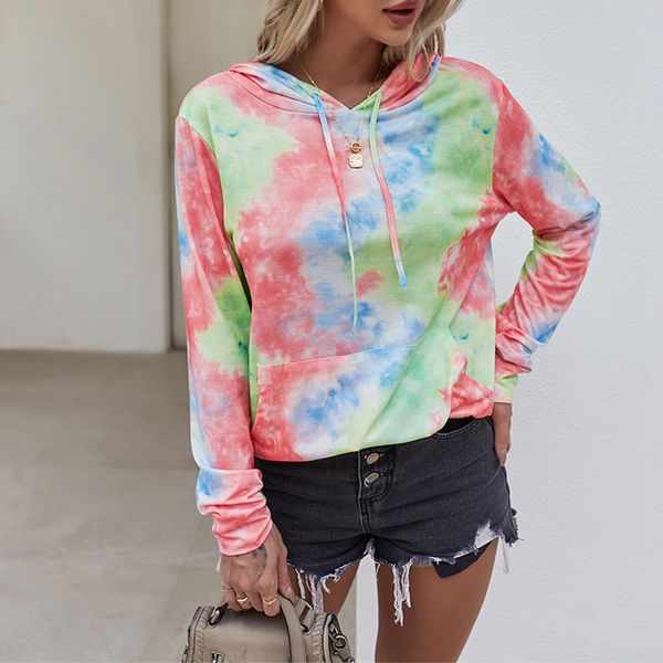 

women tie dye spring autumn hoodie casual female long sleeve hooded sweatshirts jackets coat 210524, Black