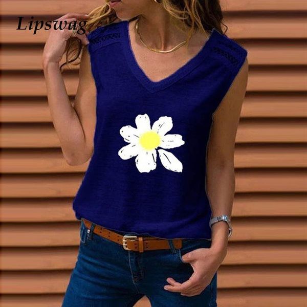 

women's blouses & shirts 2021 summer v neck daisy print blouse shirt fashion sleeveless beach femme streetwear elegant pullover plus s, White