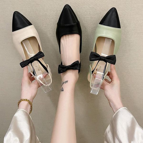 

sandals elastic band bow shoes 2021 women's strappy heels suit female beige all-match shallow mouth slip-on low open comfort, Black