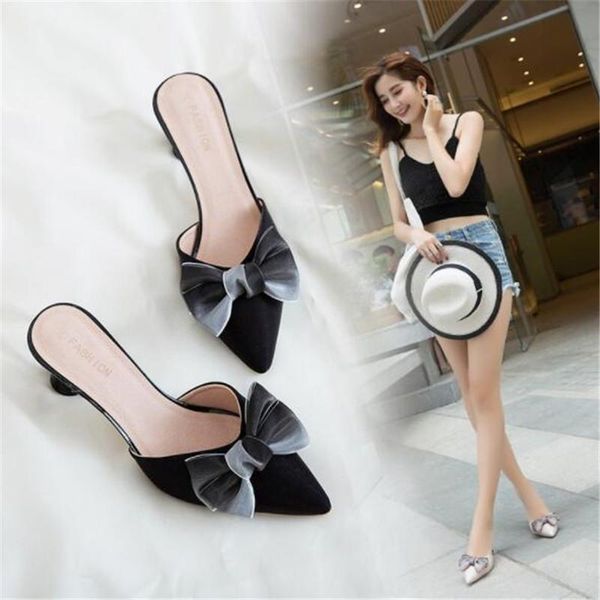 

slippers 2021 wild thick with bow pointed toe high heel sandals heels mujer pumps wedding shoes, Black