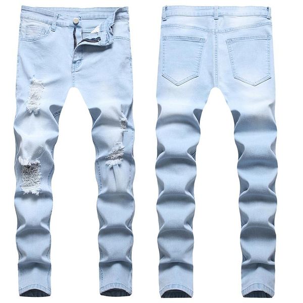 

men's jeans stretch foot pants spring and autumn light blue ripped denim youth self-cultivation casual