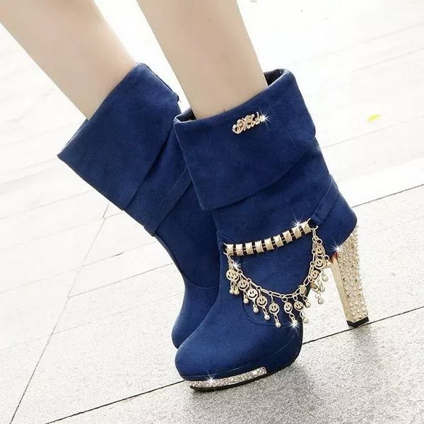 

shoes nubuck flock woman short boots women winter cotton shoes plush metal heel chains footware black blue gm6w