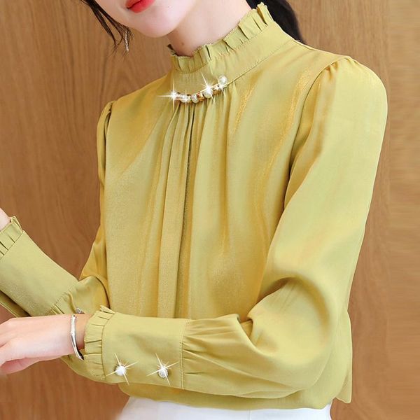 

long sleeve blouse women blusas mujer de moda 2021 beading stand collar chiffon shirt blusa clothing e06 women's blouses & shirts, White