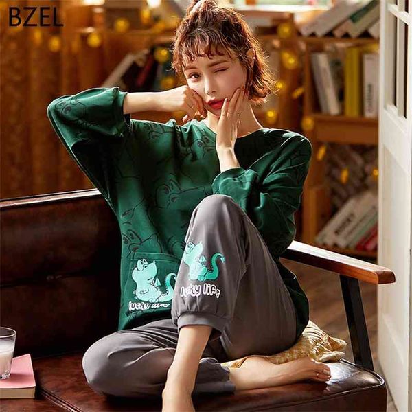 

bzel cartoon pajamas set women's sleepwear cotton pyjamas woman round-neck pjs for girls soft pijama home wear autumn winter 210325, Black;red