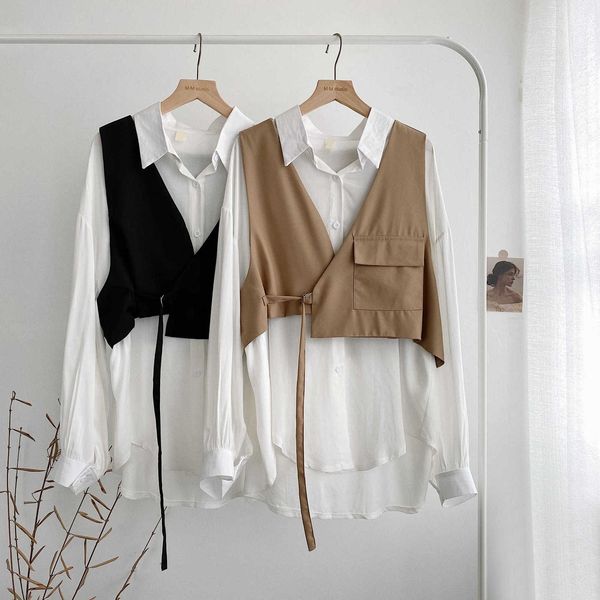 

women's blouses & shirts autumn fashion all-match solid color slimming shirt + pocket vest jacket two-piece suit women 9vtx, White