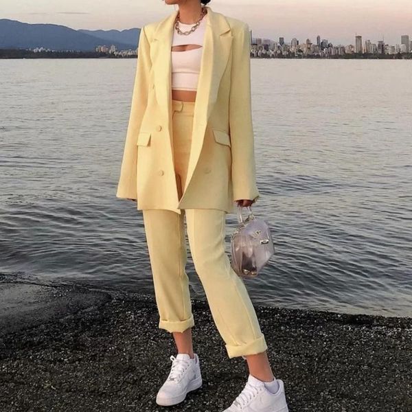 

women's two piece pants women solid colors double breasted casual office blazer + high waist straight suit yellow set 2021, White