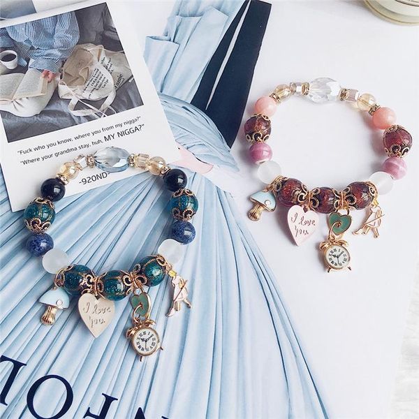 

beaded, strands bohemian national style bracelet natural stone crystal bead lock pendant beaded women, Black