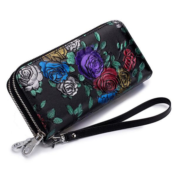 

wallets women leather wallet ladies long phone femal vintage money bag gift chinese style flower for s 2021, Red;black