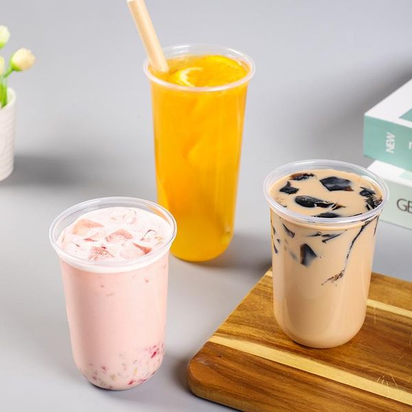 

disposable cups & straws 50pcs net red boba tea cup transparent plastic 500ml 700ml ice cream milk yogurt jucie coffee beverage