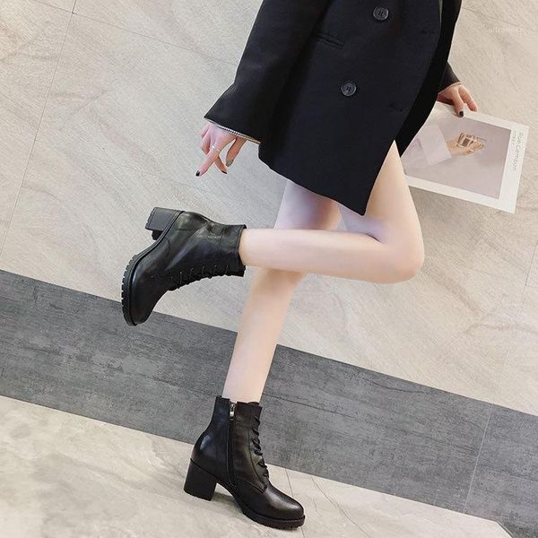 

boots 2021 european and american versatile short thick heel lace up women's high leather1, Black