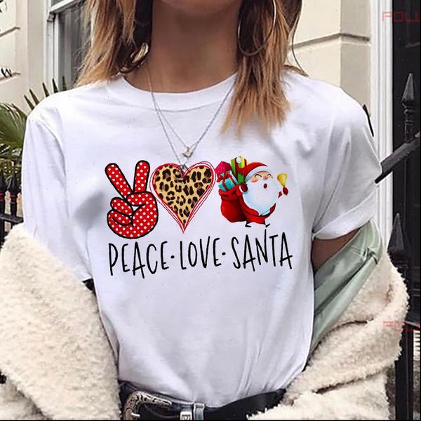 

fashion christmas leopard peace love womens t shirts santa streetwear casual short sleeves female tee, White