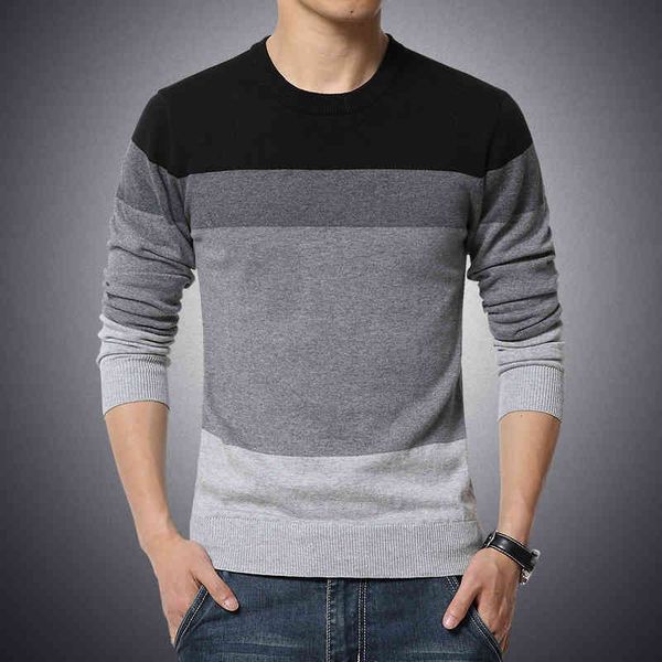 

casual men's sweater o-neck striped slim fit knittwear 2021 autumn mens sweaters pullovers pullover men pull homme -3xl, White;black
