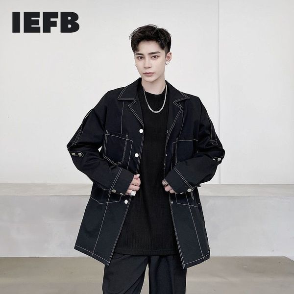 

iefb spring open line decorative waist drawcord pocket korean medium long coat for male causal jackets 9y4741 210524, Black;brown