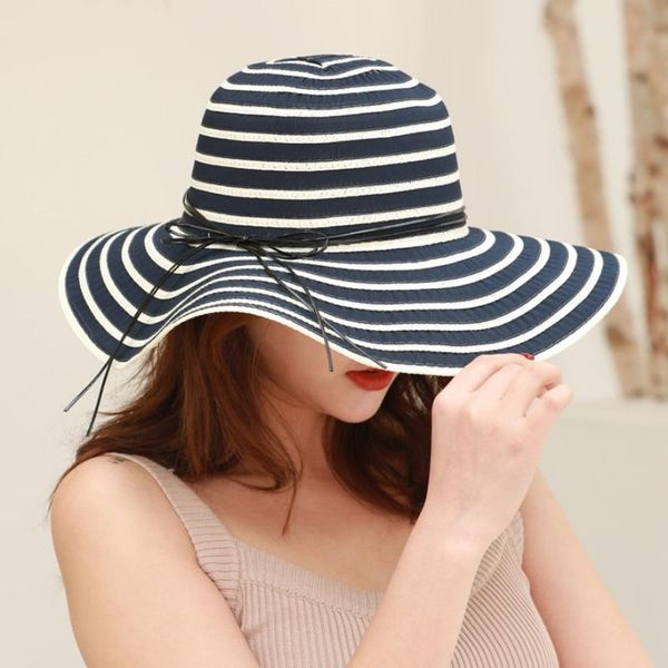 

wide brim hats summer women's sunscreen sun hat two-color striped big-edge beach straw foldable bow, Blue;gray