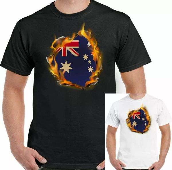 

australia t-shirt australian national flag flames mens day rugby fu top, White;black