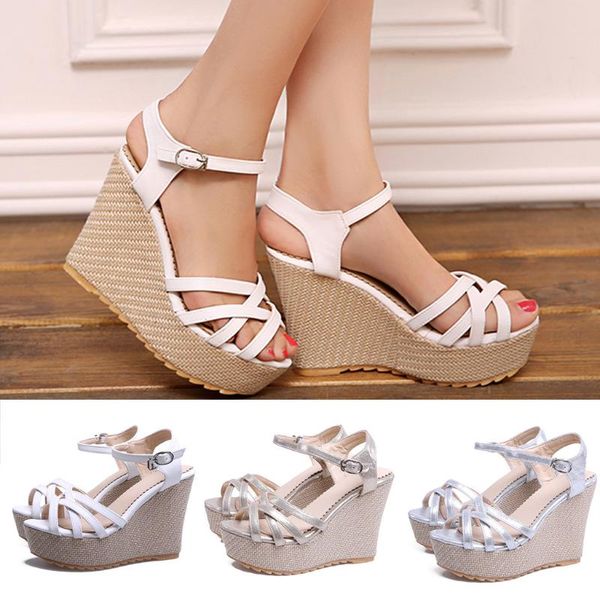 

sandals womens leather heel platform wedges shoes open toe casual shoe ankle buckle strap buty damskie calzado mujer m24, Black