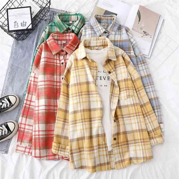 

casual loose soft macaron plaid shirts spring fashion ladies oversized pocket outwear female sweet button blouse 210515, White