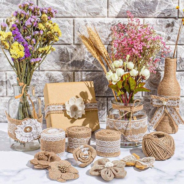 

decorative flowers & wreaths 30pcs burlap set,include 5 lace ribbon rolls,24 handmade and bowknots,1twine for wedding pa