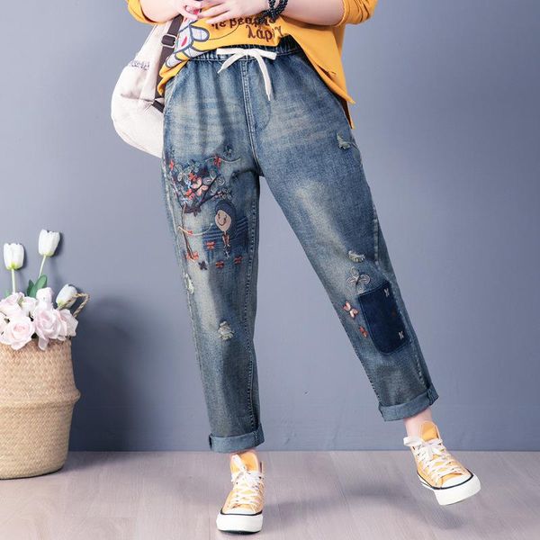 

women's jeans women spring summer fashion korea style vintage girl under tree embroidery oversize ankle length lady female loose harem, Blue