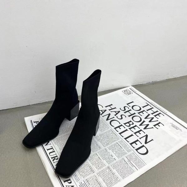 

boots knitted toe women ankle black/beige square high heels sock slip on elastic band fashion pumps winter stretch botas