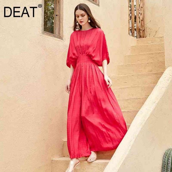 Deat Sommer Mode Frauen Kleidung Rundhals Batwing Ärmeln Rose Rote Hohe Taille Pullover Overall Lange Lose WR30403L 210428