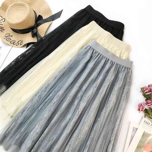 

summer & spring women a-line skirt polyester solid color lace long net yarn korean lady style nail beads 210527, Black