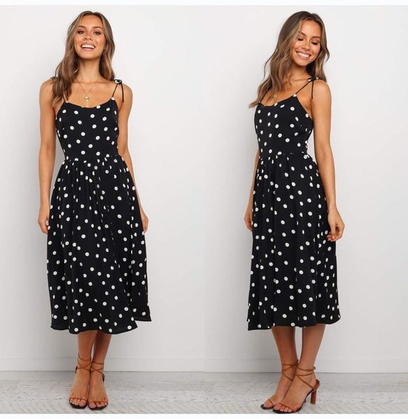 

casual white fitted clothing boho spaghetti strap clothes summer women dress polka dot bow slip sundresses backless vestido dresses, Black;gray