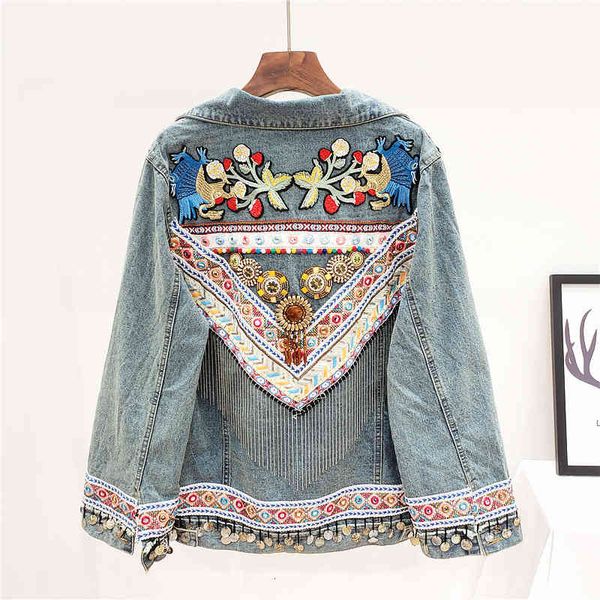 

jacket bohemia manual embroidery tassel chain denim women coat loose short jeans jacket female fashion streetwear chaqueta mujer, Black;brown