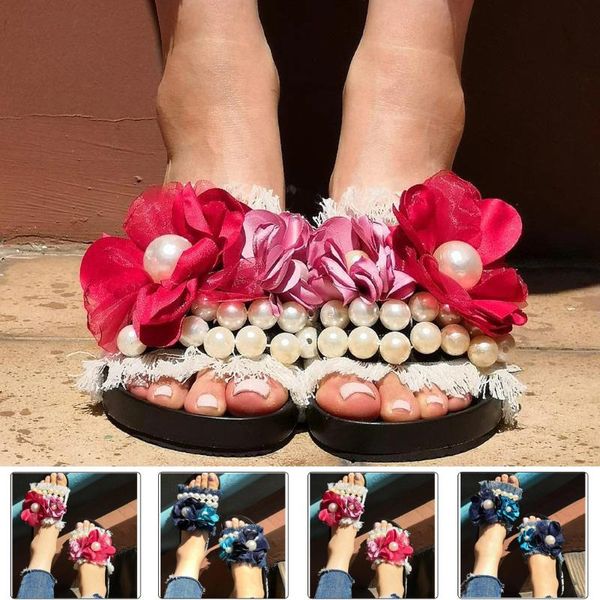 

slippers women's fashion denim fringe flower outdoor beach shoes sandals, Black
