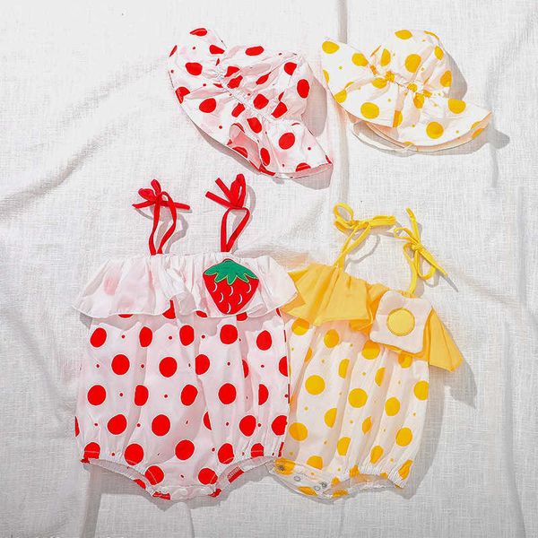 

baby rompers strawberry poached egg print sleeveless jumpsuit hat newborn kids clothes body suit summer infant girls outfits, Blue