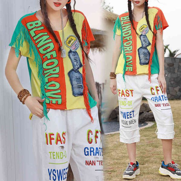 

t shirt fashion brand short sleeve women 2021 splicing color loose hong kong style top, White