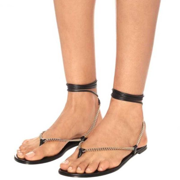 

sandals design lady's summer shoes sandal lace up clip toe gold chain flat women big size 43, Black
