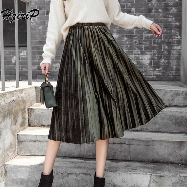 

skirts hzirip 2021 autumn winter womens vintage casual office wear skirt pleated high waist solid a-line elegant long femme, Black
