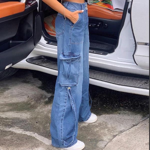 

women's jeans women vintage cargo denim pants y2k blue straight high waist fashion harajuku patchwork stitched 90s aesthetic loose jean