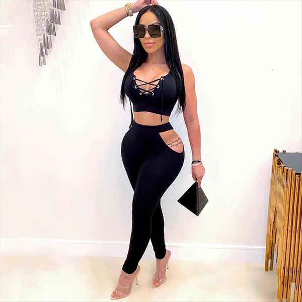 

two piece set womens pants hollow out cross bandage sleeveless crop long tracksuit for women solid 5 color, White