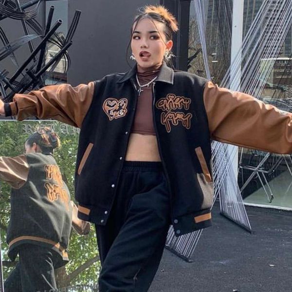 

2021 retro leather stitching baseball uniform jaet female autumn winter couple embroidered long sleeve hip hop bomber jaet, Black
