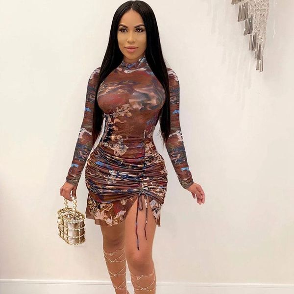 

casual dresses ruffles bodycon party dress women festival clothing long sleeve drawstring elegant mini night club vestidos, Black;gray