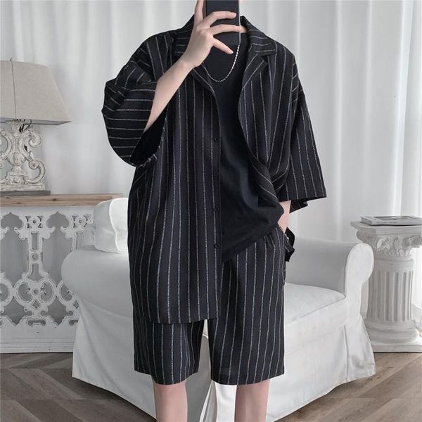 

men's tracksuits 2021 summer men set shirts and shorts lightweight letter striped half sleeve knee-length baggy short oversize suit clo, Gray