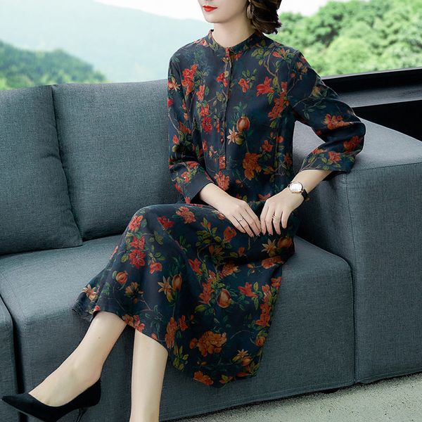 

spring with long sleeves loose chinese retro-printed silk dress elegant turtleneck ladies dressed r150 o5i4, Black;gray