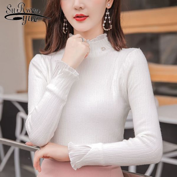 

autumn slim women sweater solid white pink turtleneck korean style lotus leaf edge buttery sleeve base 6498 50 210508, White;black