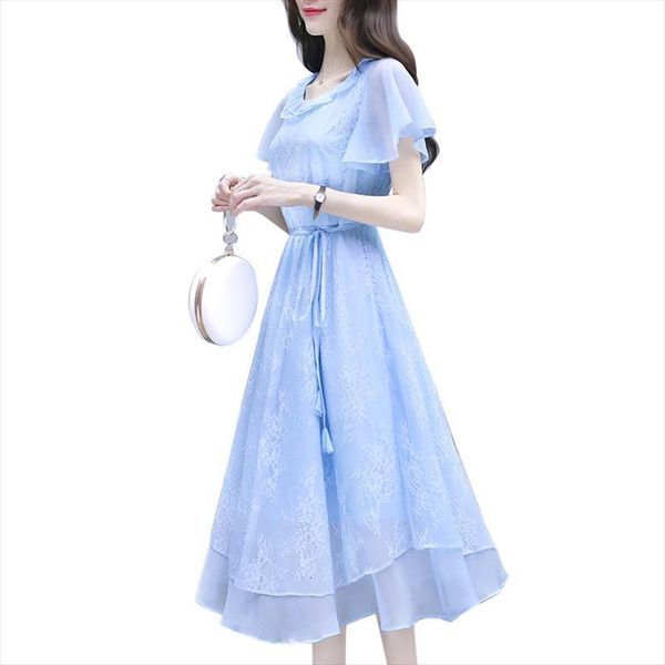 

office korean elegant ruffles chiffon womens dress long retro lace maxi a line female vestidos, Black;gray