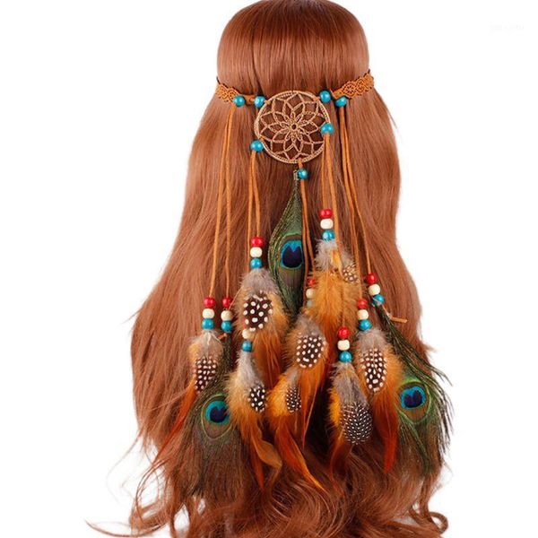 

hippie bohemian women dreamcatcher headband colored beaded artificial peacock feather adjustable cosplay party headpiece1