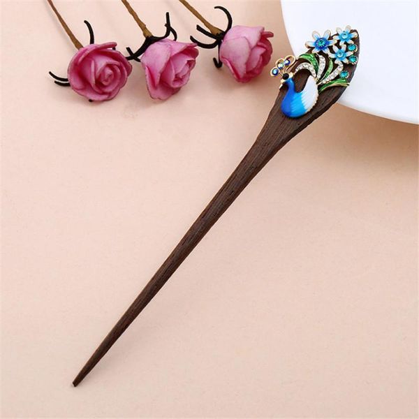 

hair clips & barrettes charm womens hairclip vintage peacock jewelry handmade ebony wood sticks hairpins bridal ornaments flowers forks, Golden;silver