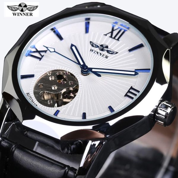 

winner blue ocean geometry design transparent skeleton dial mens watch automatic fashion mechanical clock wristwatches, Slivery;brown