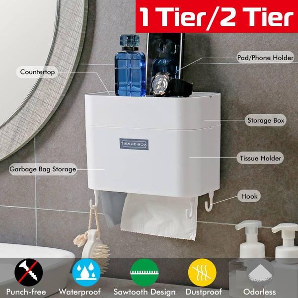 

toilet paper holders 1/2 tier multifunctional waterproof wall mounted tray roll tube storage box bathroom creative tissue