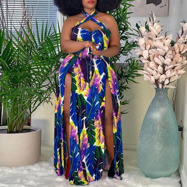

casual dresses halter neck floral print split party maxi dress women's plus size streetwear beach straight big swing, Black;gray