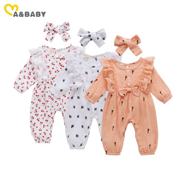 

0-24m autumn spring born infant baby girls romper cute cherry cactus print ruffles lace jumpsuit long sleeve clothes 210515, Blue